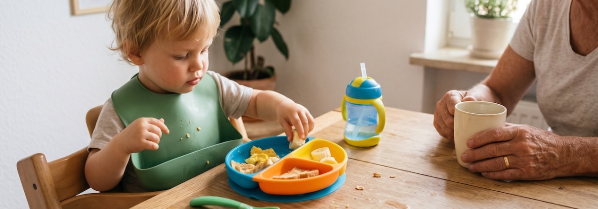 Kleinkind mit Lätzchen isst am Frühstückstisch von Kindergeschirr, die Großmutter sitzt gegenüber