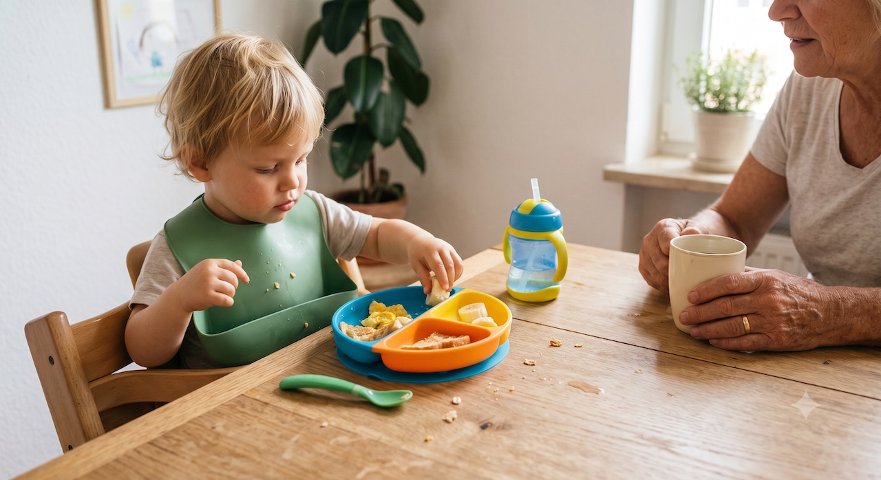 Kleinkind mit Lätzchen isst am Frühstückstisch von Kindergeschirr, die Großmutter sitzt gegenüber