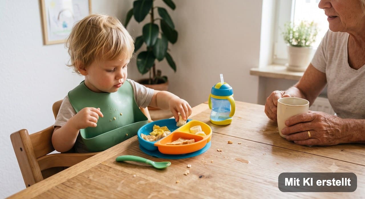 Großmutter reicht einem Kleinkind das Kinderbesteck