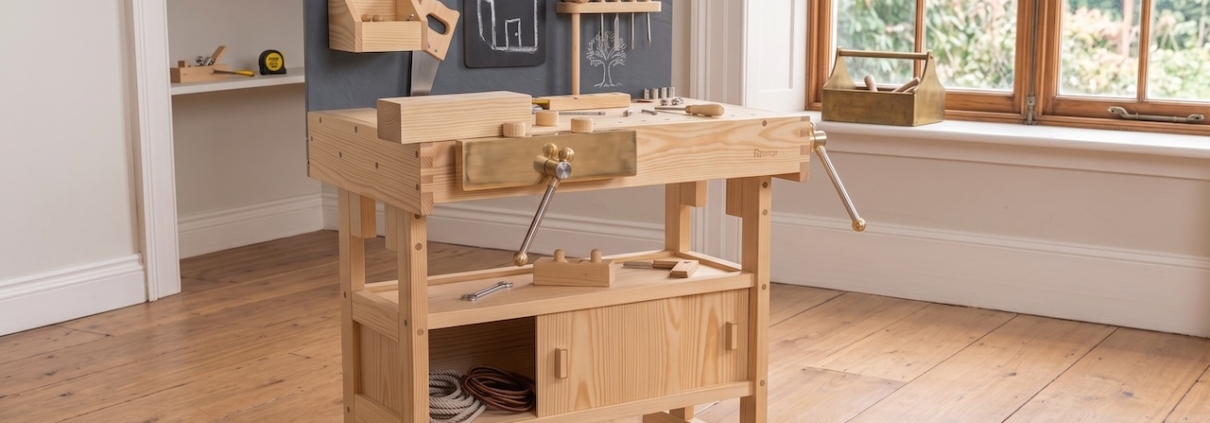 Kleine Werkbank aus hellem Holz mit Spannzange in einem hellen Raum, dahinter eine Tafel mit aufgehängtem Werkzeug, auf der Fensterbank ein Werkzeugträger
