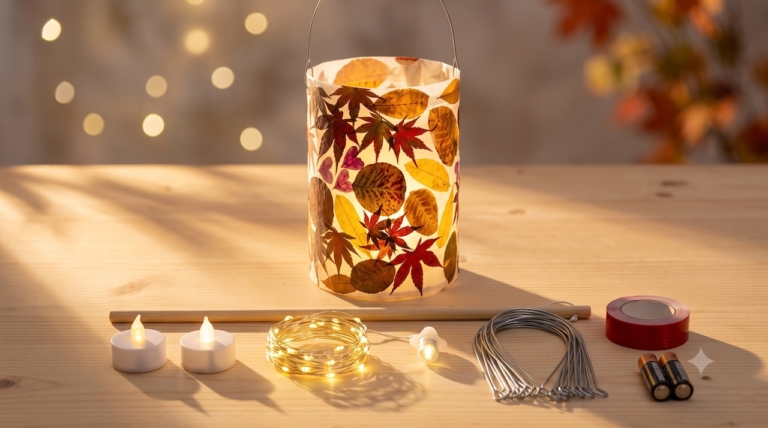 Fertige Herbstlaterne mit dem passenden Zubehör: LED-Teelichter, Micro-Lichterkette, Holzstab, Draht, Reflektorband und Batterien