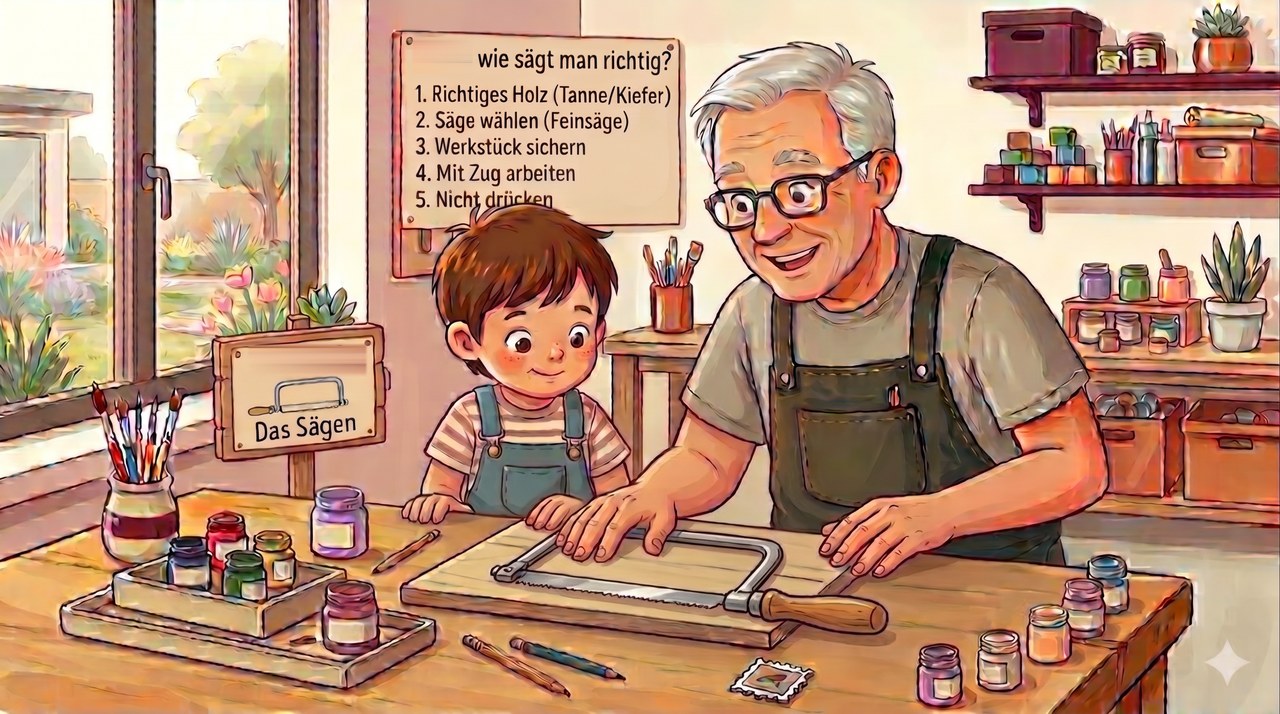 Opa und Enkel an der Werkbank mit der Laubsäge, dahinter eine Tafel mit fünf Regeln zum richtigen Sägen