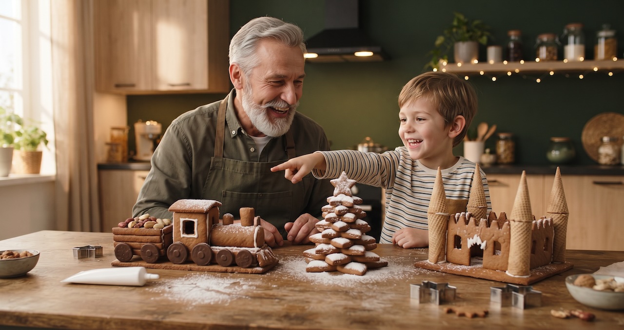 Lebkuchen-Zug, Lebkuchenbaum und Lebkuchen-Burg auf dem Küchentisch – Opa und Enkel betrachten ihr Werk