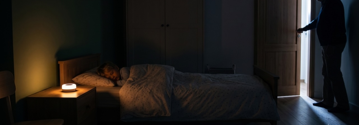 Warmes Nachtlicht neben dem Kinderbett im Gästezimmer, Großvater verlässt leise das Zimmer
