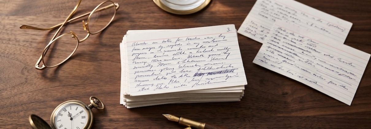 Nummerierte Karteikarten mit handschriftlichen Notizen, Füllfederhalter und Lesebrille auf einem dunklen Holztisch