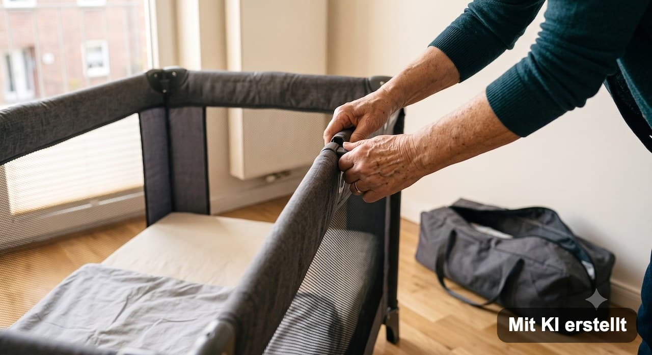 Aufgebautes Reisebett im Gästezimmer von Oma und Opa