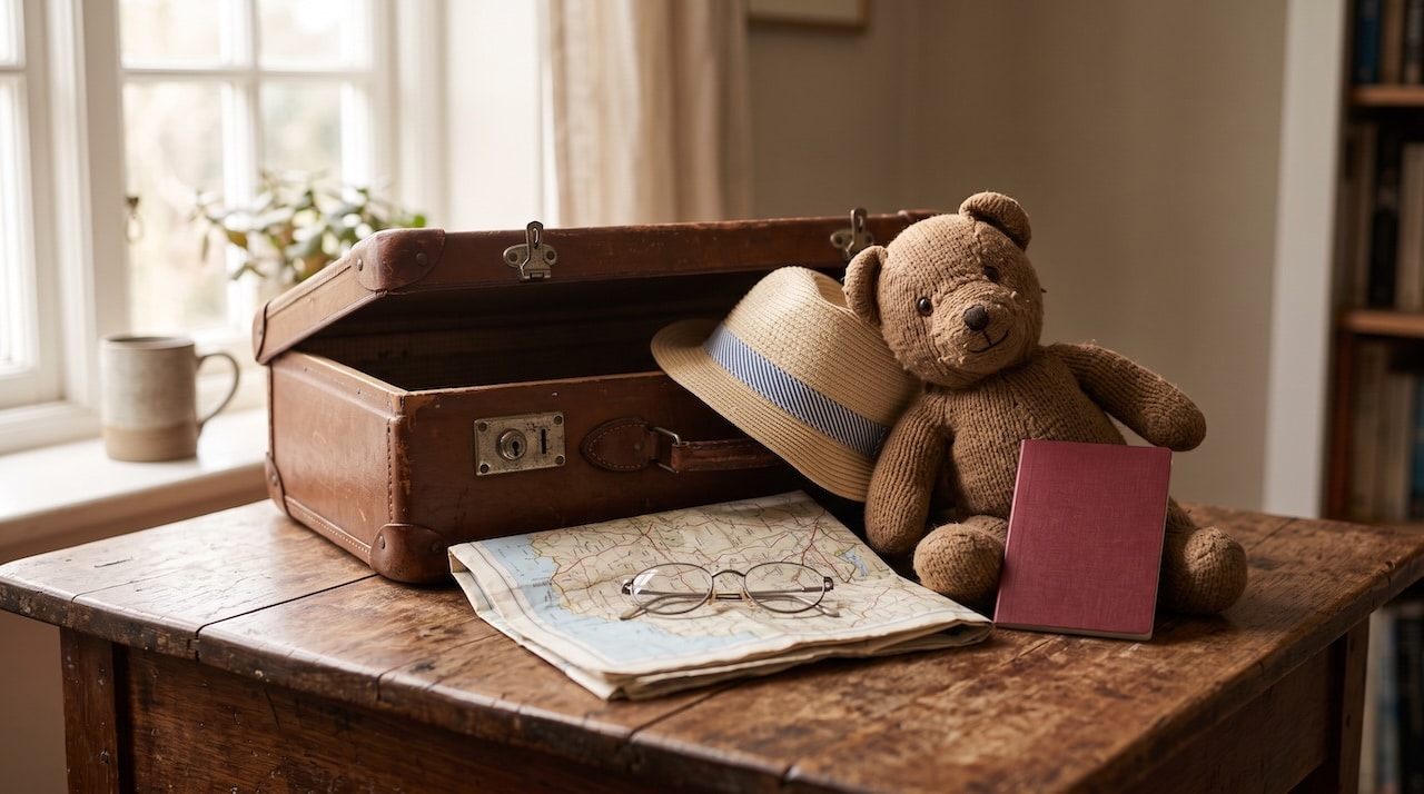 Offener Reisekoffer mit Landkarte, Teddybaer und Reisepass auf einem Holztisch