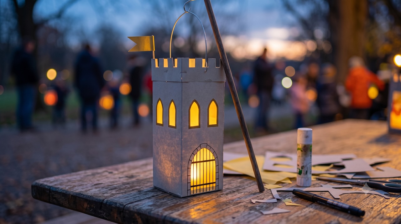 Fertige Ritterburg-Laterne auf einem Holztisch: drei leuchtende Bogenfenster, Tor mit aufgemaltem Fallgitter, rechteckiger Zinnenkranz und goldener Wimpel am Eckturm