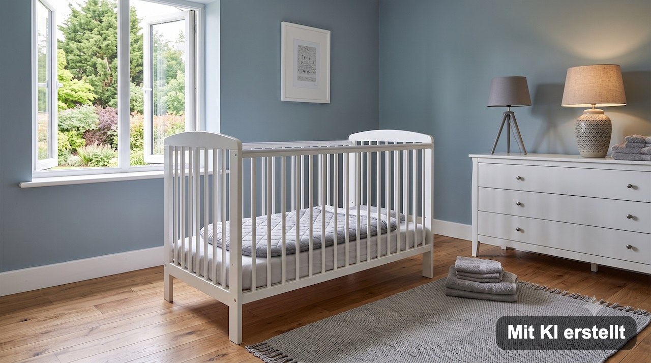Leeres Kinderbett mit fester Matratze, Laken und ausgebreitetem Babyschlafsack, ohne Kissen und Kuscheltiere