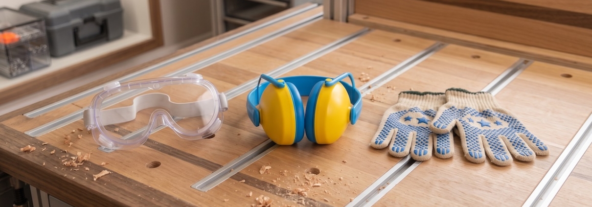 Schutzbrille, Kapselgehörschutz und Arbeitshandschuhe in Kindergröße liegen nebeneinander auf einer Werkbank aus Holz