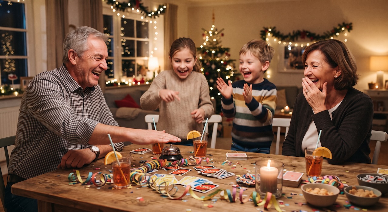Drei Generationen beim Silvesterspiel am Wohnzimmertisch