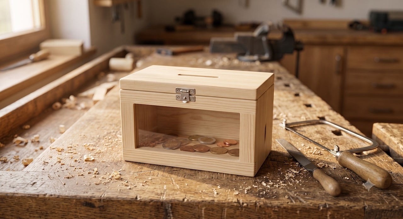 Selbst gebaute Holz-Spardose mit Münzschlitz und Sichtfenster auf einer Werkbank, daneben Laubsäge und Feile