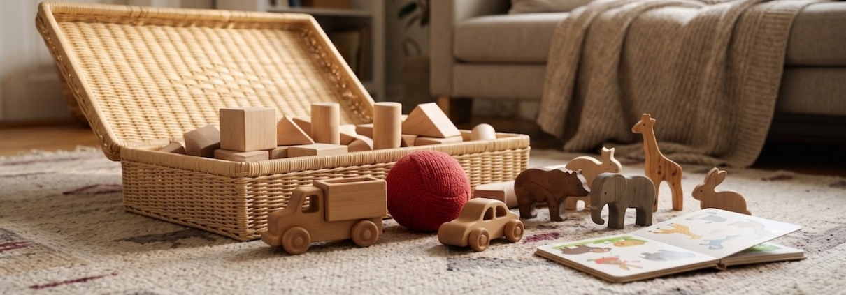 Offene Korbkiste mit Holzbauklötzen, Holzfahrzeugen und einem Stoffball auf dem Wohnzimmerteppich