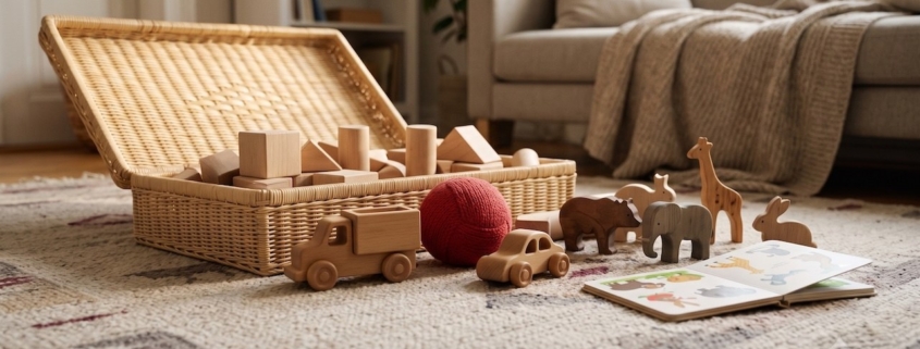 Offene Korbkiste mit Holzbauklötzen, Holzfahrzeugen und einem Stoffball auf dem Wohnzimmerteppich