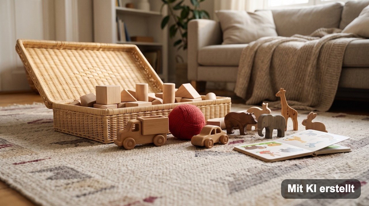 Offene Korbkiste mit Holzbauklötzen, Holzfahrzeugen und einem Stoffball auf dem Wohnzimmerteppich