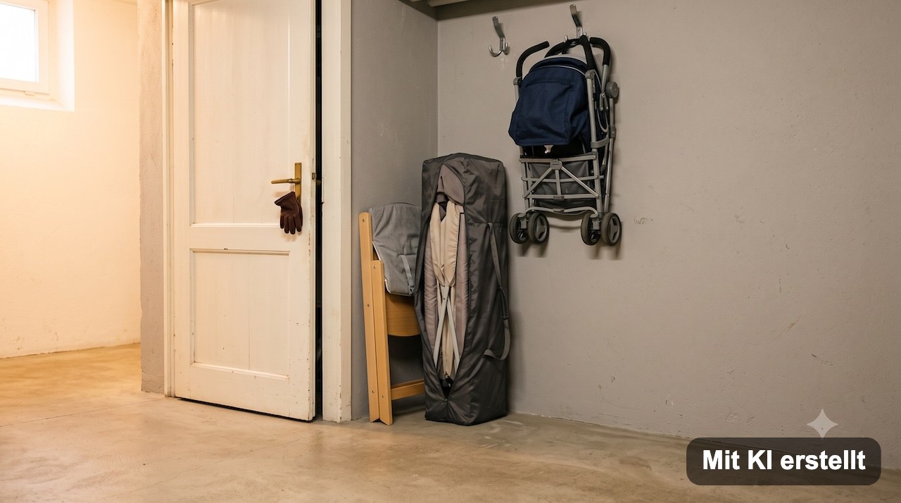 Reisebett, klappbarer Hochstuhl und aufgehängter Buggy in einer schmalen Nische hinter der Kellertür