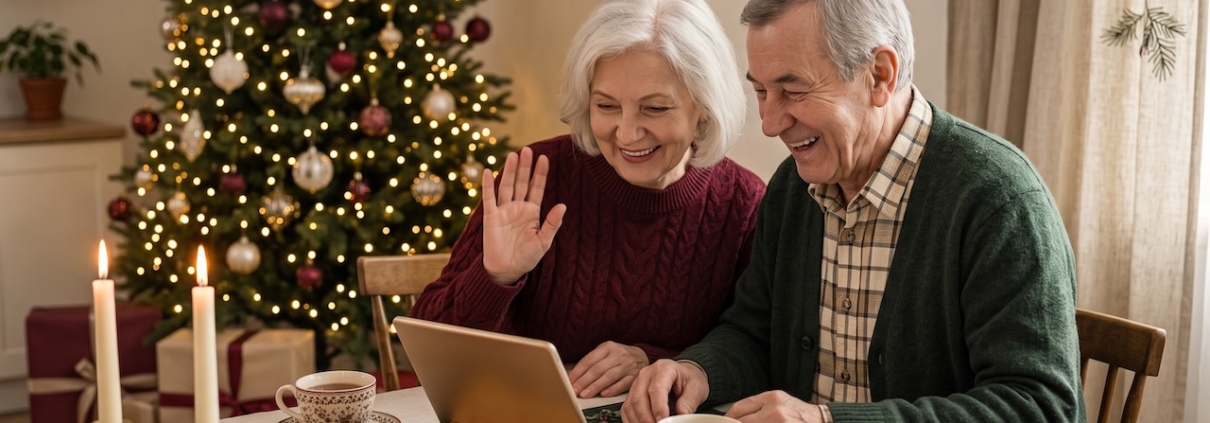 Ein älteres Ehepaar sitzt am Heiligabend vor einem aufgestellten Tablet, zwei Kerzen brennen, im Hintergrund ein geschmückter Weihnachtsbaum