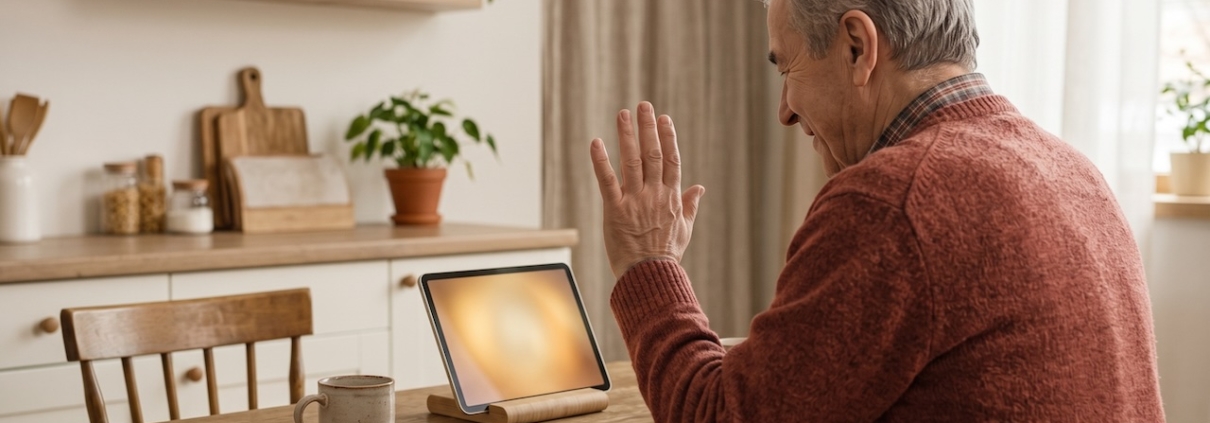 Großvater sitzt am Küchentisch vor einem aufgestellten Tablet und winkt lächelnd in den Bildschirm