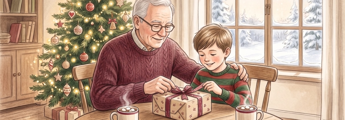 Opa und Enkel packen zu zweit in Ruhe ein Geschenk aus, im Hintergrund ein geschmückter Weihnachtsbaum
