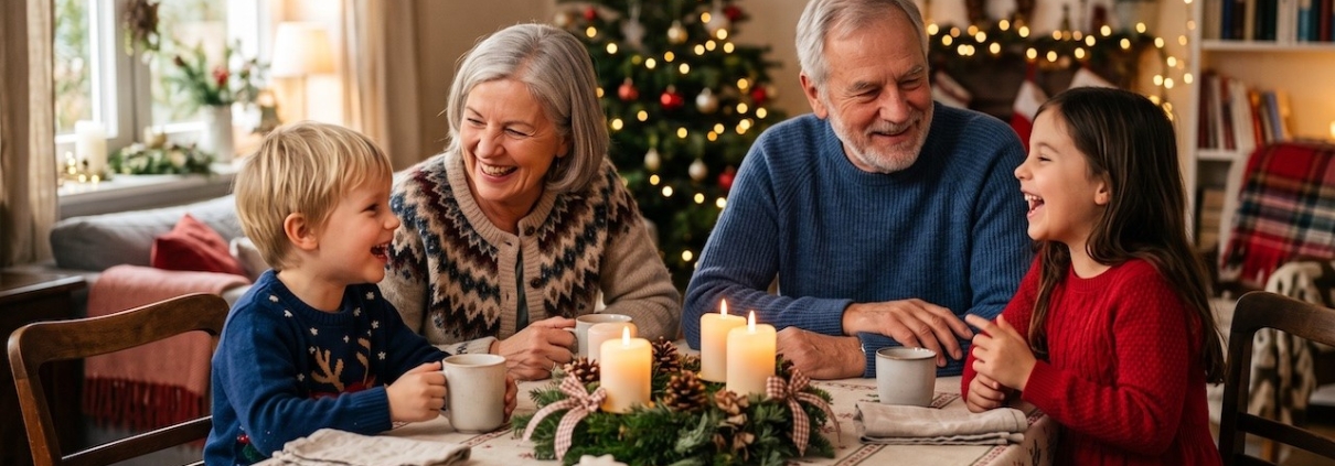 Großeltern und zwei Enkelkinder sitzen am Adventsnachmittag zusammen am Tisch, auf dem Tisch stehen Kerzen und ein Teller mit Plätzchen