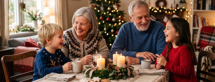 Großeltern und zwei Enkelkinder sitzen am Adventsnachmittag zusammen am Tisch, auf dem Tisch stehen Kerzen und ein Teller mit Plätzchen