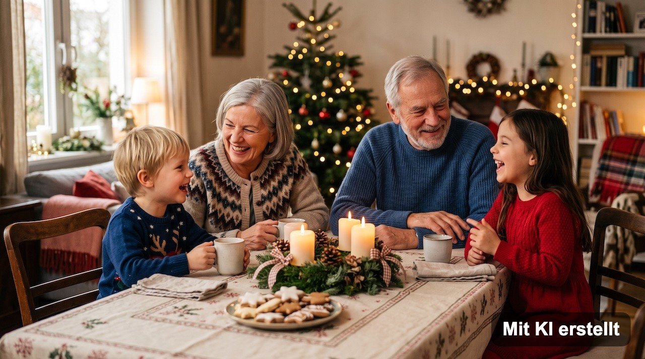 Großeltern und zwei Enkelkinder sitzen am Adventsnachmittag zusammen am Tisch, auf dem Tisch stehen Kerzen und ein Teller mit Plätzchen