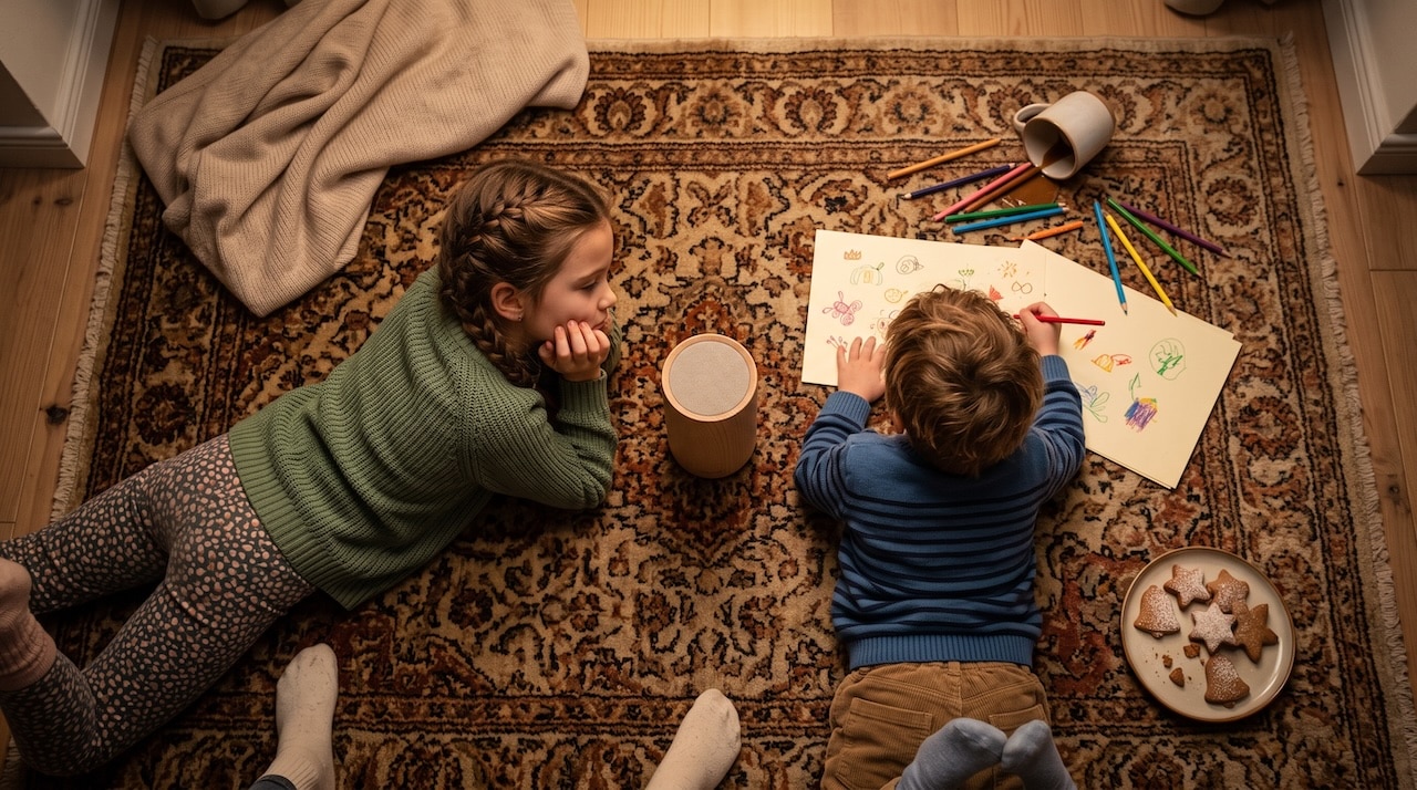 Zwei Kinder liegen auf dem Teppich, hören zu und malen dabei