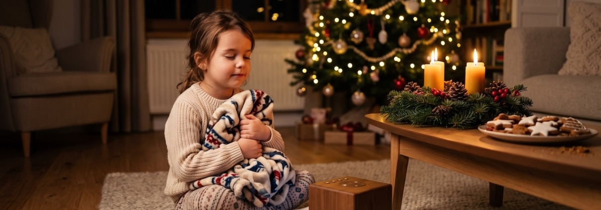 Kind sitzt im Dunkeln vor einer Hörspielbox, daneben ein Adventskranz mit brennenden Kerzen