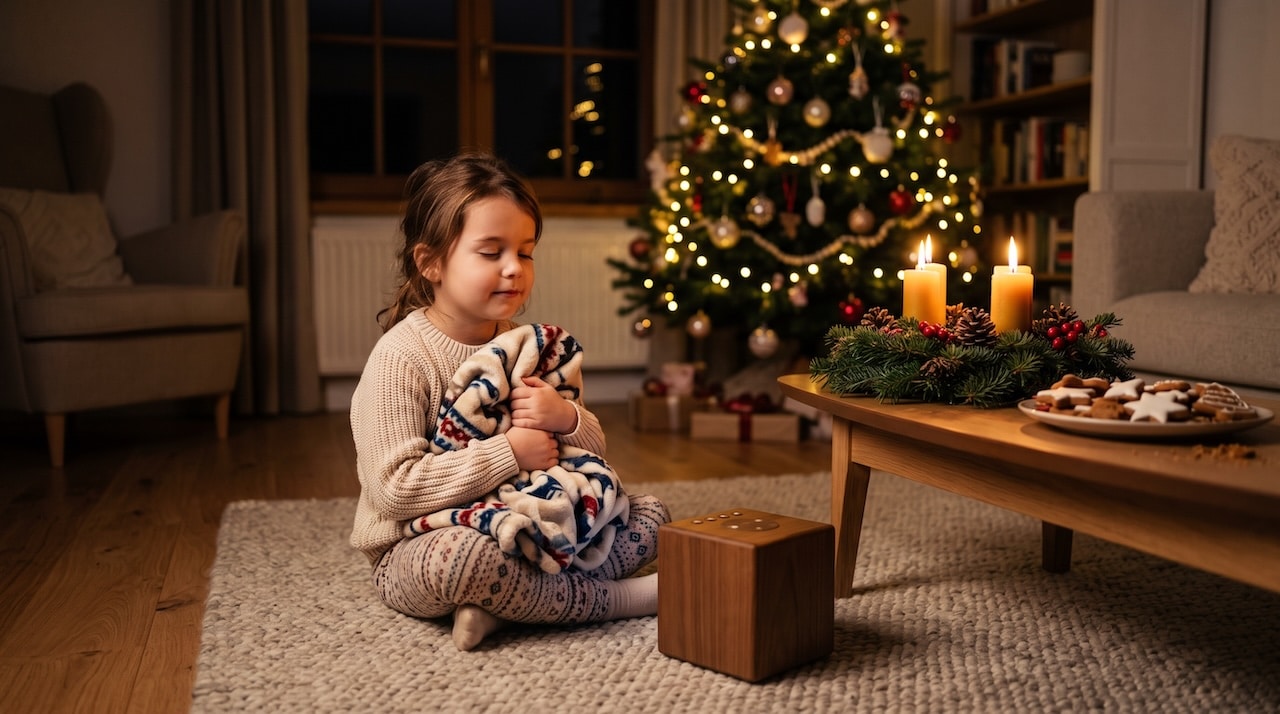 Kind sitzt im Dunkeln vor einer Hörspielbox, daneben ein Adventskranz mit brennenden Kerzen