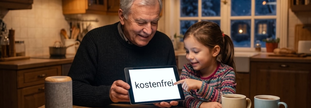 Großvater und Enkelkind am Küchentisch mit einem Tablet und einem Lautsprecher
