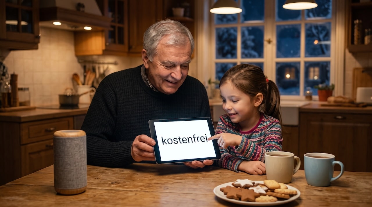 Großvater und Enkelkind am Küchentisch mit einem Tablet und einem Lautsprecher