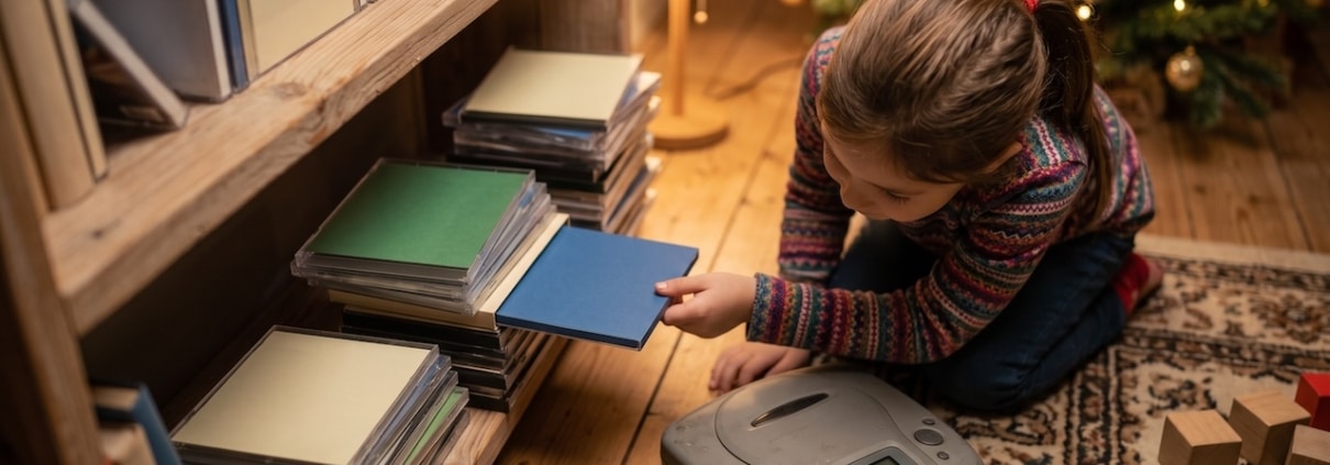 Kind kniet vor einem Stapel unbeschrifteter CD-Hüllen und einem alten CD-Spieler