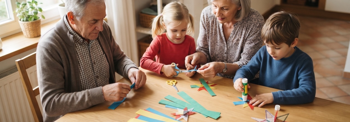 Großmutter und Großvater basteln mit zwei Enkelkindern am Küchentisch Sterne aus Transparentpapier, davor liegen Schere, Kleber und Papierstreifen