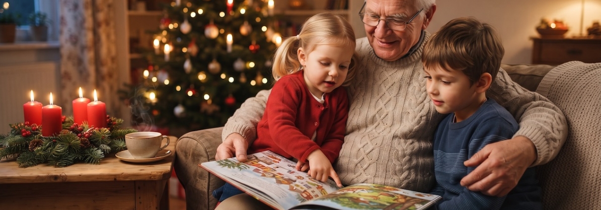 Großvater liest zwei Enkelkindern auf dem Sofa aus einem Bilderbuch vor, daneben ein Adventskranz mit zwei brennenden Kerzen