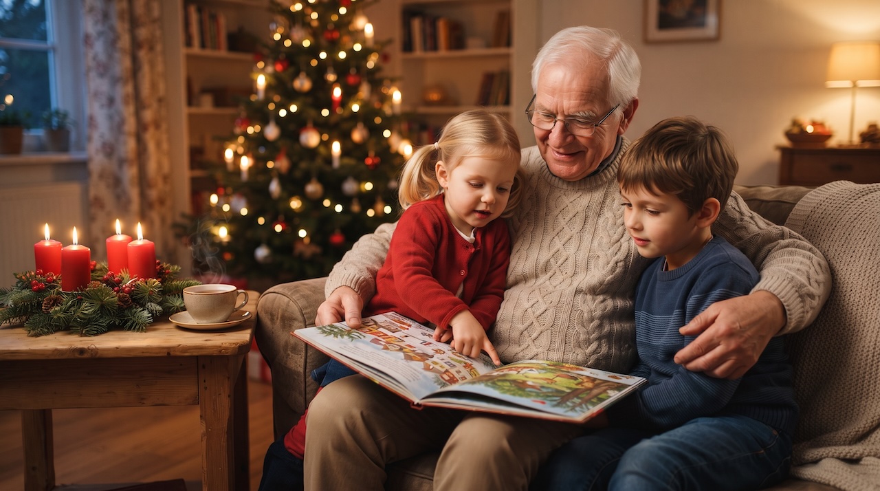 Großvater liest zwei Enkelkindern auf dem Sofa aus einem Bilderbuch vor, daneben ein Adventskranz mit zwei brennenden Kerzen