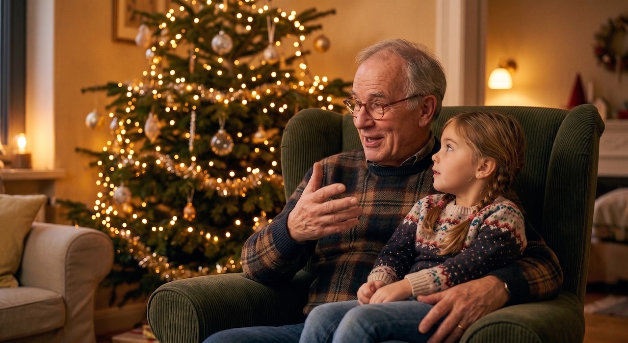 Großvater sitzt im Sessel, ein Kind auf dem Schoß, und erzählt ihm frei etwas, im Hintergrund ein Weihnachtsbaum