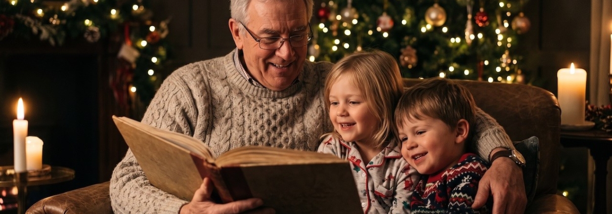 Großvater sitzt im Sessel und liest zwei Kindern bei Kerzenschein aus einem großen Buch vor, im Hintergrund ein geschmückter Weihnachtsbaum