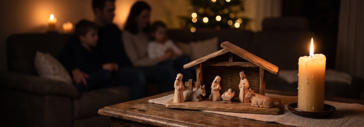 Holzkrippe mit brennender Kerze auf einer Kommode, im Hintergrund eine Familie auf dem Sofa
