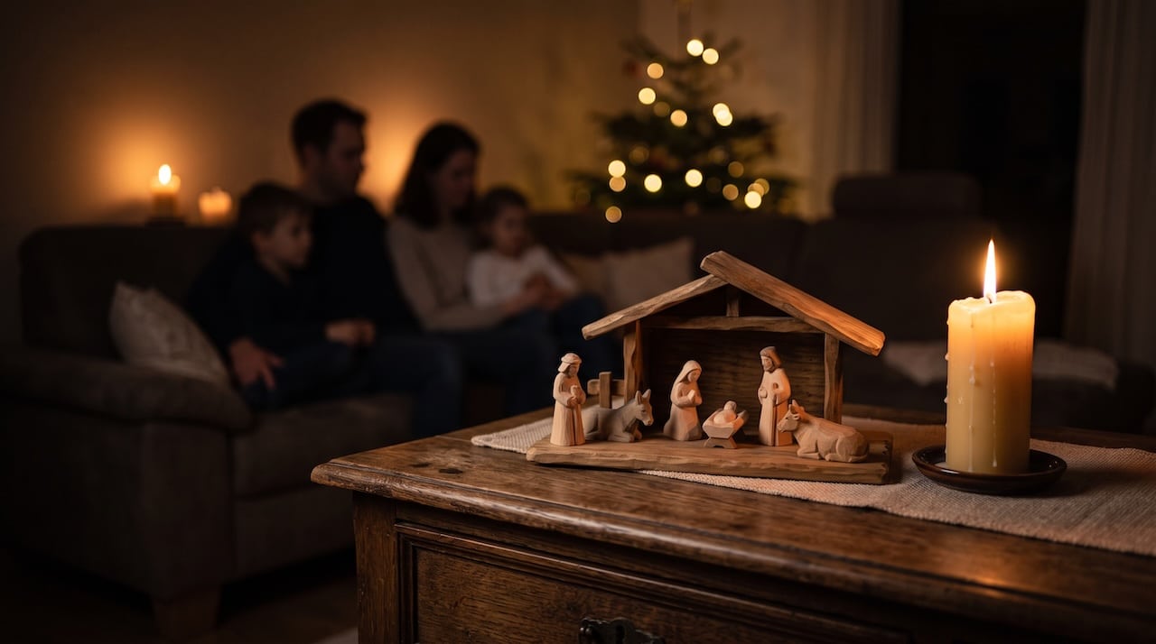 Holzkrippe mit brennender Kerze auf einer Kommode, im Hintergrund eine Familie auf dem Sofa