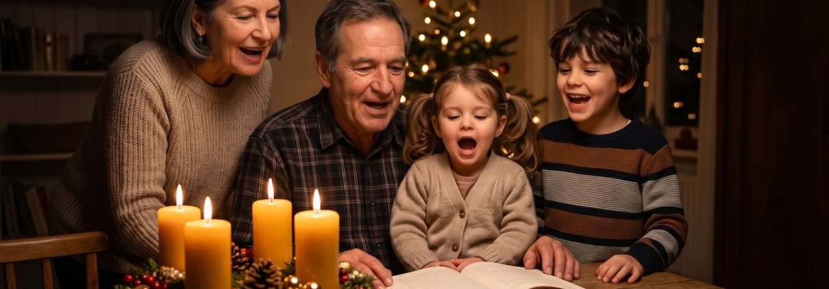 Großeltern und zwei Enkelkinder singen am Esstisch um einen Adventskranz mit vier Kerzen
