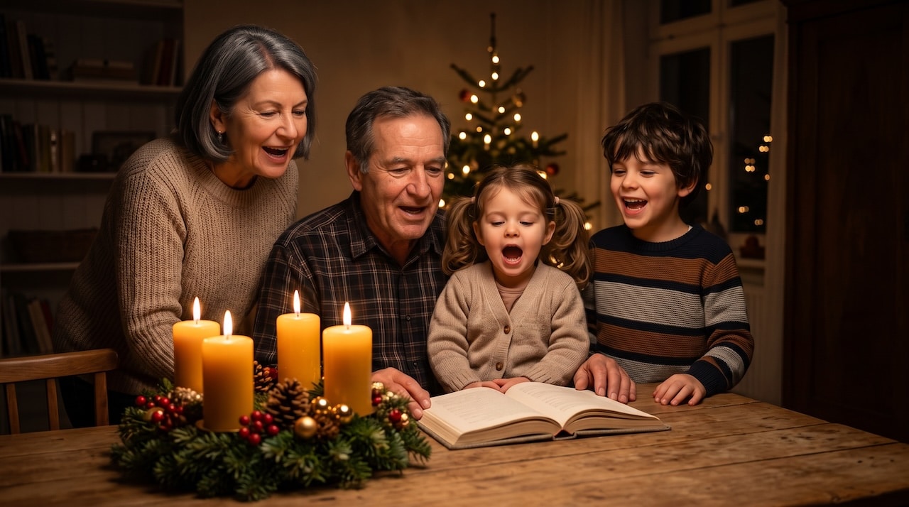 Großeltern und zwei Enkelkinder singen am Esstisch um einen Adventskranz mit vier Kerzen