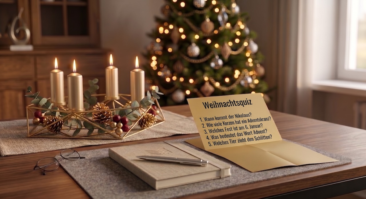 Aufgestellte Karte mit fünf handschriftlichen Quizfragen auf einem Wohnzimmertisch, daneben ein Adventskranz mit vier brennenden Kerzen, eine Lesebrille und ein Notizbuch; im Hintergrund ein geschmückter Weihnachtsbaum