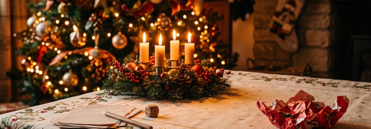 Weihnachtlich gedeckter Tisch mit Adventskranz und vier brennenden Kerzen, davor ein Stapel Zettel, ein Bleistift, ein Würfel und zerknülltes rotes Geschenkpapier, im Hintergrund ein geschmückter Weihnachtsbaum