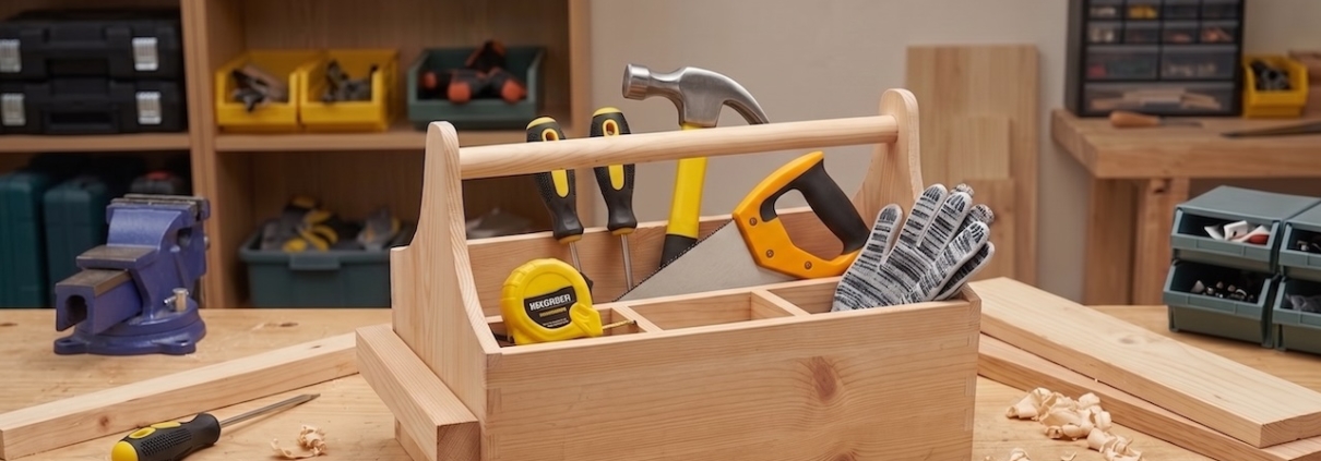 Holz-Werkzeugträger auf einer Werkbank mit Hammer, Fuchsschwanz, zwei Schraubendrehern, Maßband und Arbeitshandschuhen, daneben Holzspäne