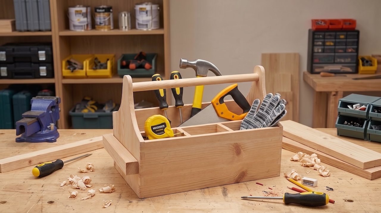 Holz-Werkzeugträger auf einer Werkbank mit Hammer, Fuchsschwanz, zwei Schraubendrehern, Maßband und Arbeitshandschuhen, daneben Holzspäne