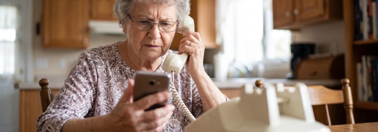 Ältere Frau blickt skeptisch auf ihr Smartphone und hält dabei den Hörer ihres Festnetztelefons, um nachzufragen
