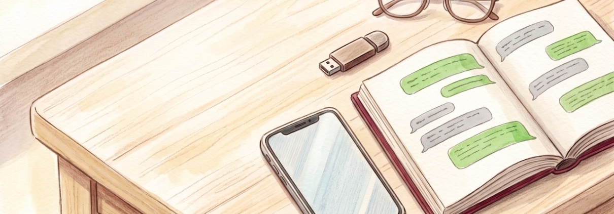 Smartphone neben einem aufgeschlagenen Buch, in dem Chat-Sprechblasen gedruckt sind, dazu ein USB-Stick und eine Lesebrille