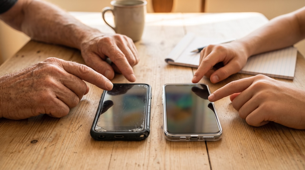 Ein altes und ein neues Smartphone liegen auf dem Tisch, die Hände von Großvater und Enkel deuten auf die Geräte