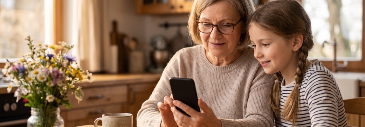 Großmutter tippt am Küchentisch eine Nachricht auf ihrem Smartphone, die Enkelin schaut ermutigend zu