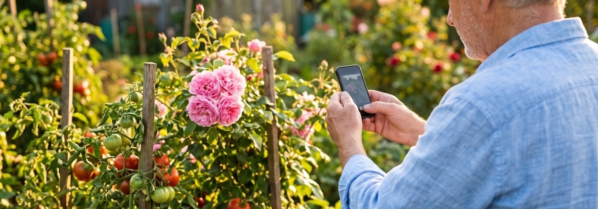 Großvater fotografiert im Garten mit dem Smartphone sein Tomatenbeet mit blühenden Rosen